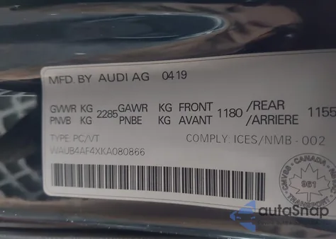 2019 Audi S4 3.0T Premium из США, поврежденный, VIN WAUB4AF4XKA080866